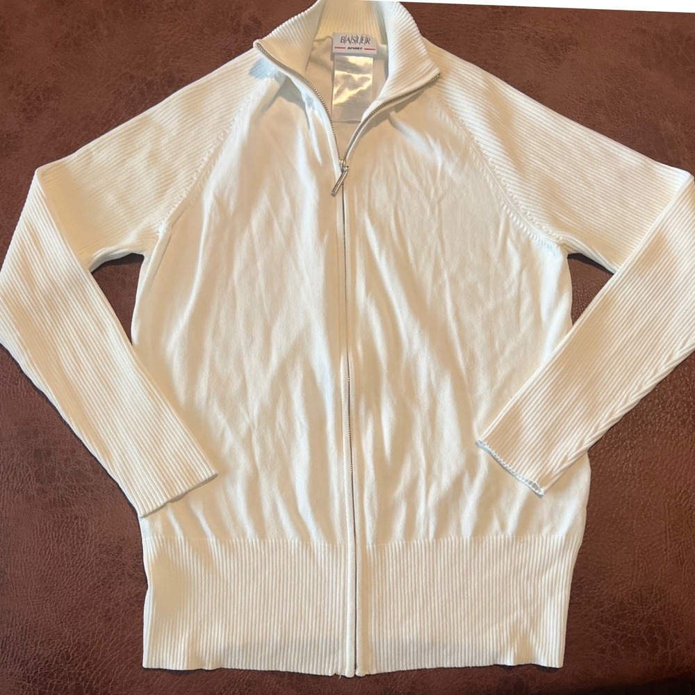 Basler Sport White Full Zip Cardigan Sweater Mock Neck‎ Ribbed Old Money 10